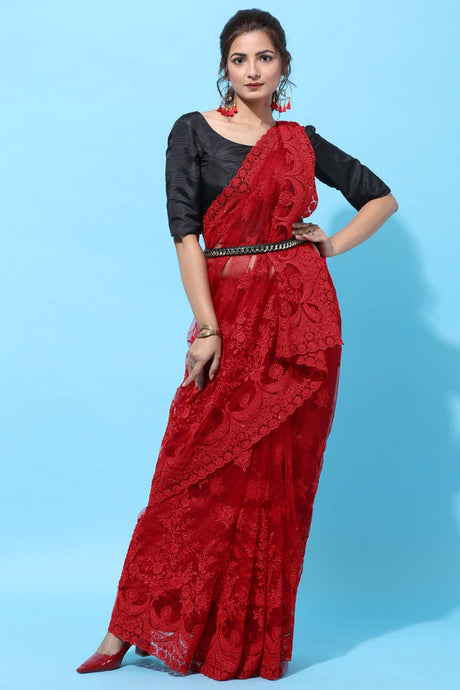 Buy Net Stone Embroidered Saree in Red Online