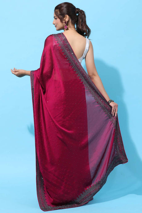 Buy Art Silk Stone Embroidered Saree in Cherry Online - Front