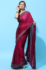 Buy Art Silk Stone Embroidered Saree in Cherry Online - Back