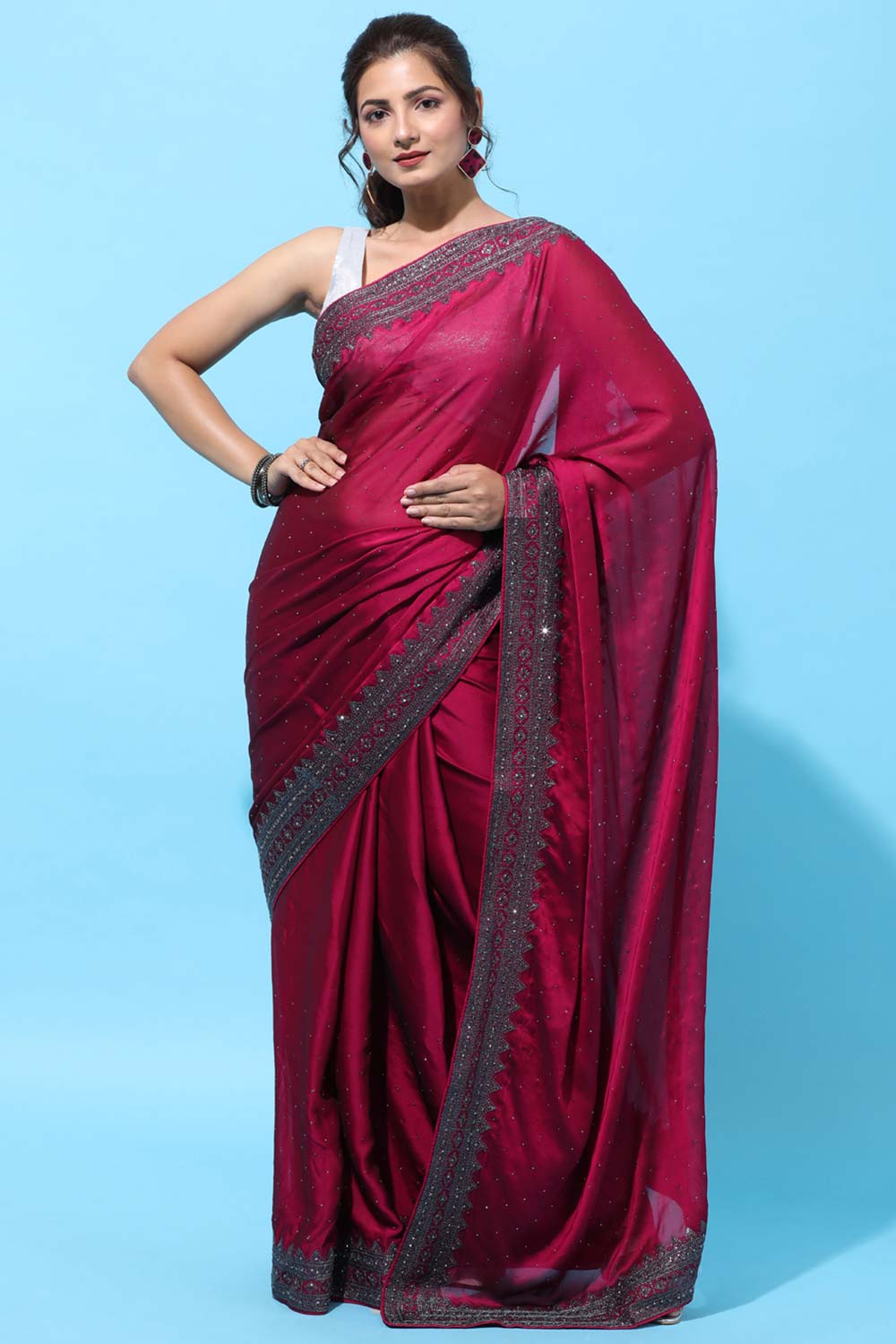 Buy Art Silk Stone Embroidered Saree in Cherry Online