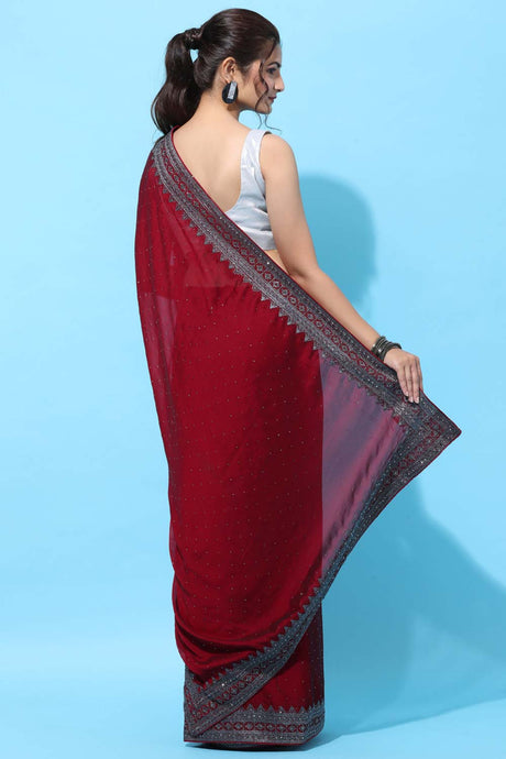 Buy Art Silk Stone Embroidered Saree in Maroon Online - Front