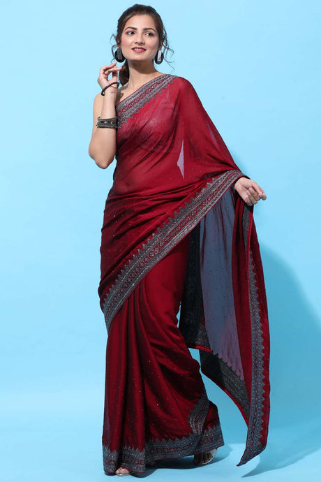 Buy Art Silk Stone Embroidered Saree in Maroon Online