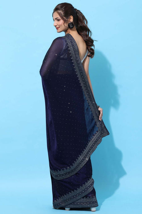 Buy Art Silk Stone Embroidered Saree in Blue Online - Front