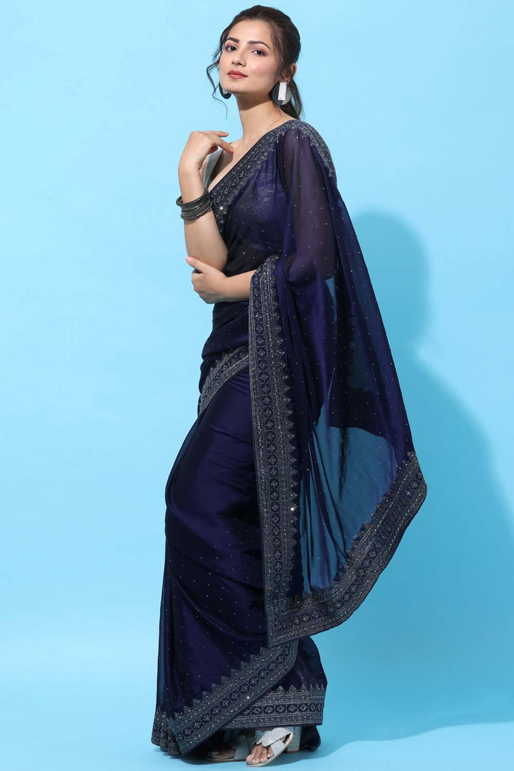 Buy Art Silk Stone Embroidered Saree in Blue Online - Back