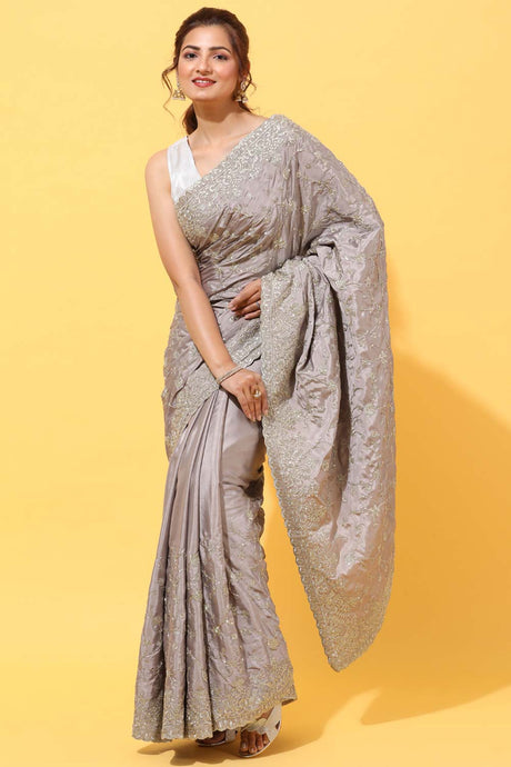 Buy Crepe Embroidered Saree in Lavender Online