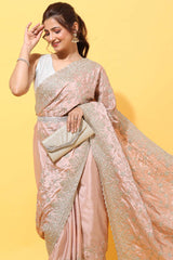 Buy Crepe Embroidered Saree in Peach Online - Side