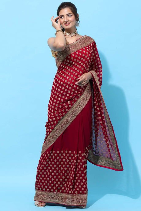 Buy Georgette Embroidered Saree in Cherry Online