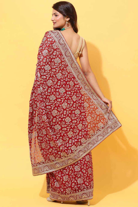 Buy Georgette Embroidered Saree in Red Online - Front
