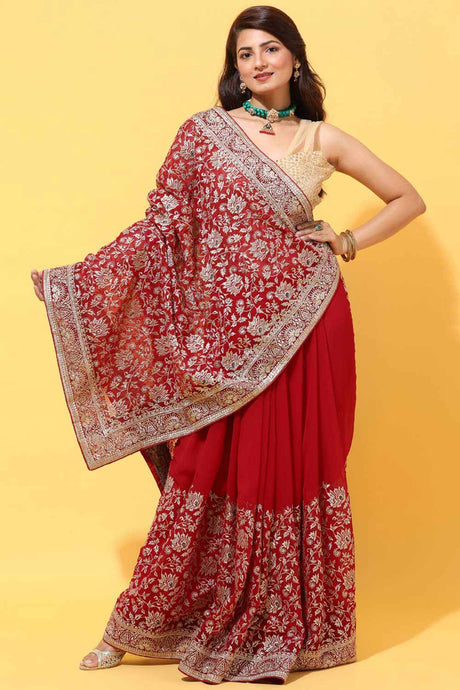 Buy Georgette Embroidered Saree in Red Online