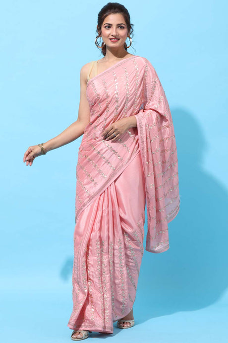 Buy Crepe Sequin Saree in Pink Online