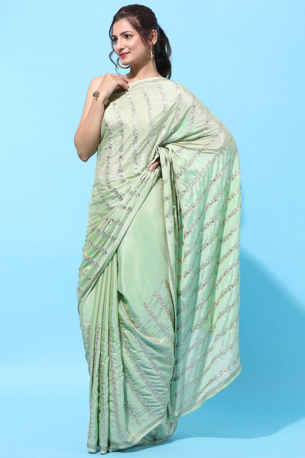 Buy Crepe Sequin Saree in Green Online - Back