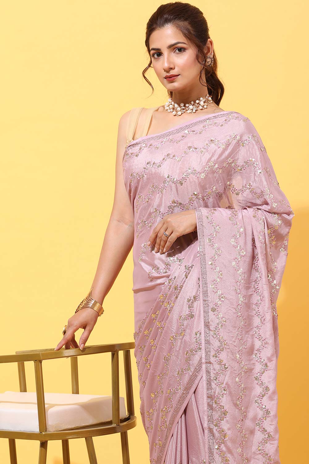 Buy Crepe Sequin Saree in Lavender Online - Side