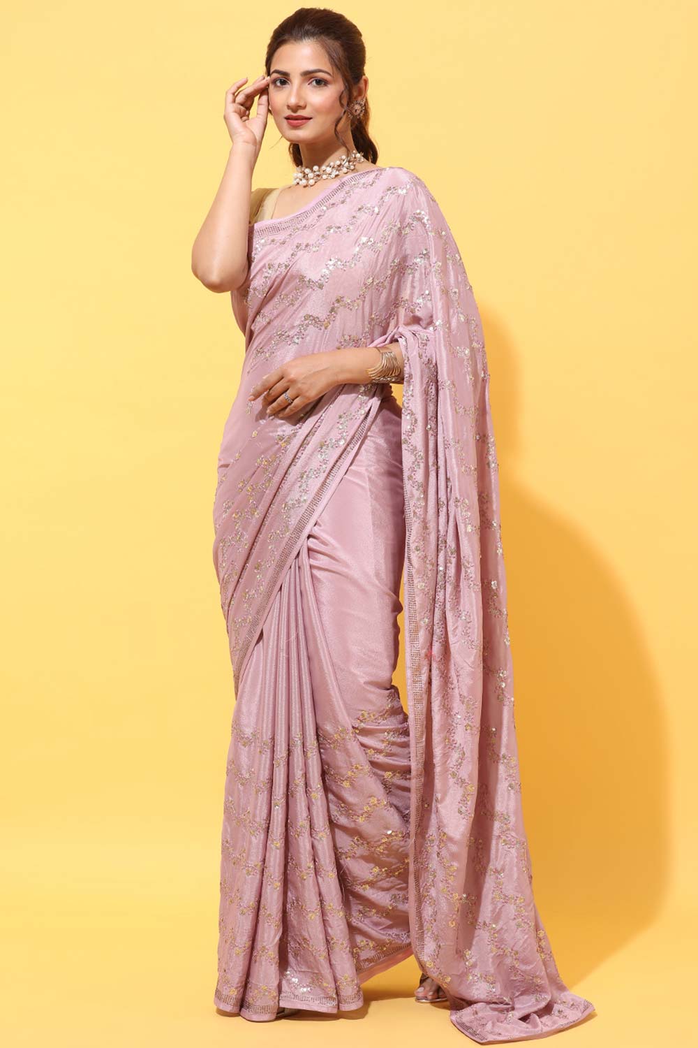 Buy Crepe Sequin Saree in Lavender Online