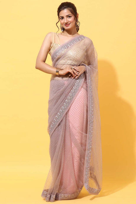 Buy Net Embroidered Border Saree in Lavender Online