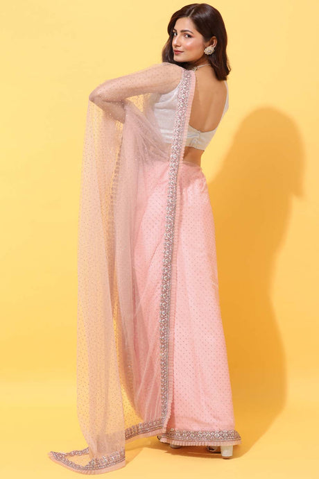 Buy Net Embroidered Border Saree in Peach Online - Front