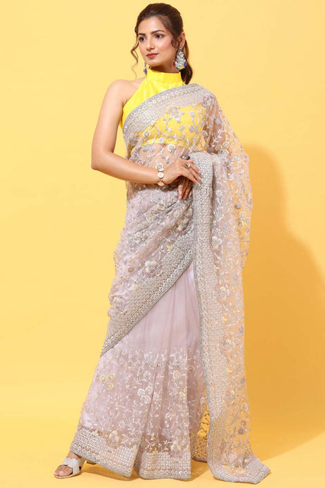 Buy Net Embroidered Saree in Lavender Online