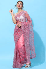 Buy Net Embroidered Saree in Pink Online