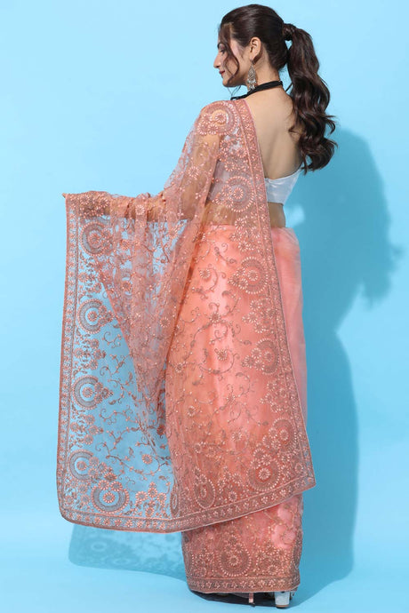 Buy Net Embroidered Saree in Peach Online - Front