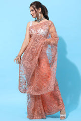 Buy Net Embroidered Saree in Peach Online - Back