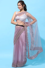 Buy Net Embroidered Border Saree in Lavender Online - Back