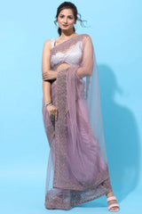 Buy Net Embroidered Border Saree in Lavender Online