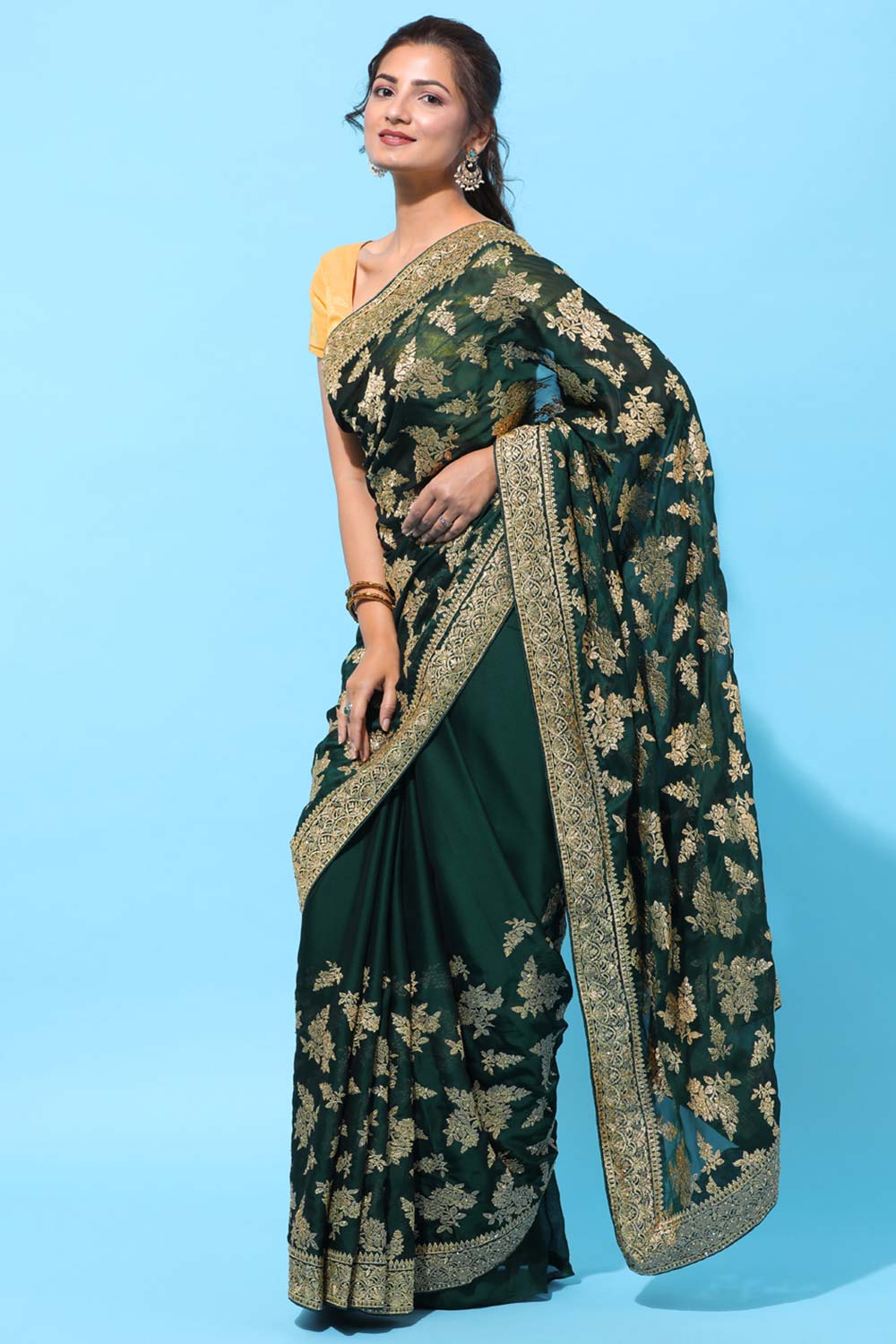 Buy Art Silk Zari Embroidered Saree in Green Online - Back