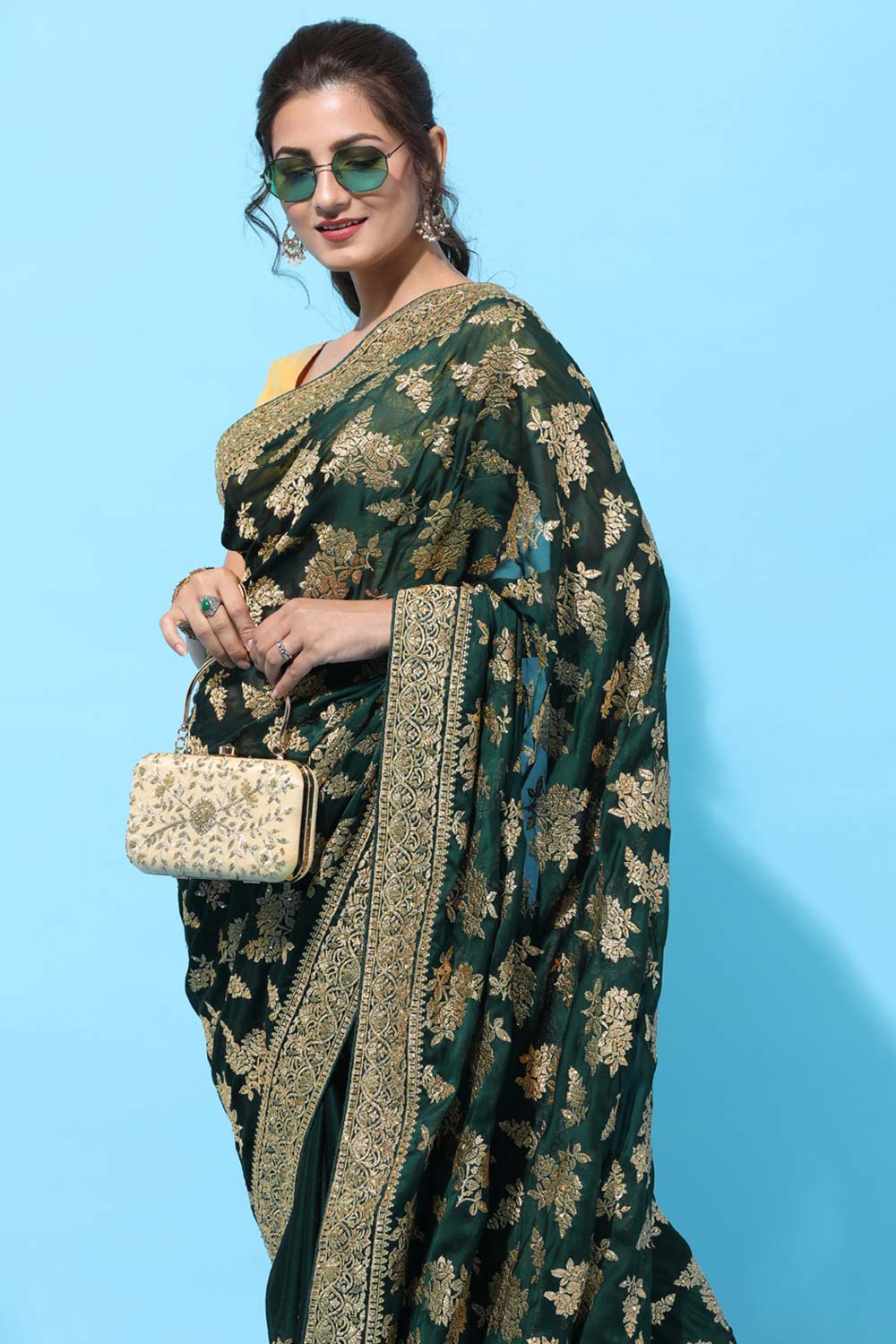 Buy Art Silk Zari Embroidered Saree in Green Online - Side