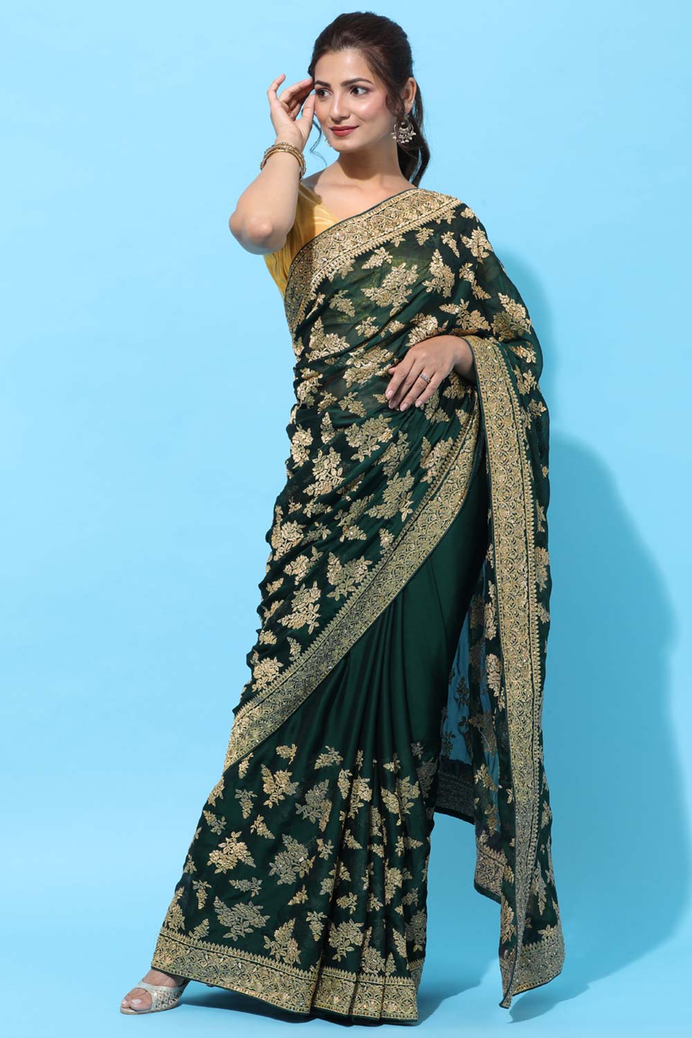 Buy Art Silk Zari Embroidered Saree in Green Online