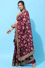 Buy Art Silk Zari Embroidered Saree in Wine Online - Back