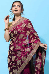 Buy Art Silk Zari Embroidered Saree in Wine Online - Side