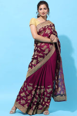 Buy Art Silk Zari Embroidered Saree in Wine Online