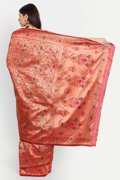 Red Silk Blend Gold-Toned Woven Design Zari Saree