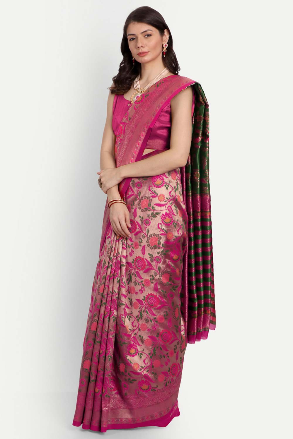 Pink Silk Blend Ethnic Motifs Zari Saree