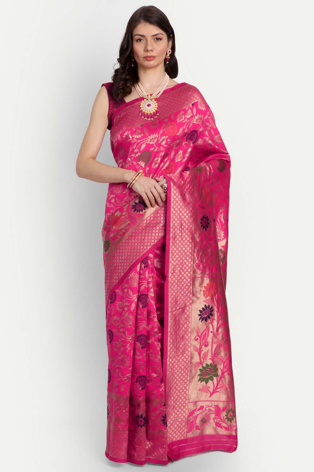 Pink Silk Blend Woven Design Zari Saree