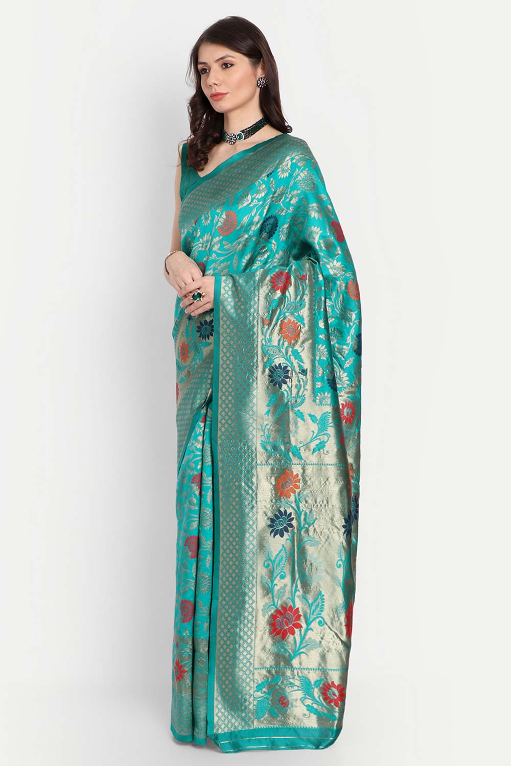 Teal Silk Blend Woven Design Zari Saree