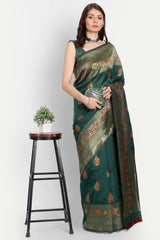 Green Silk Blend Gold-Toned Woven Design  Saree