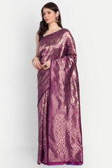 Magenta Silk Blend Gold-Toned Floral Zari Saree