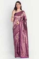 Magenta Silk Blend Gold-Toned Floral Zari Saree