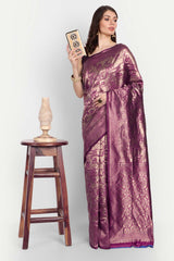 Magenta Silk Blend Gold-Toned Floral Zari Saree