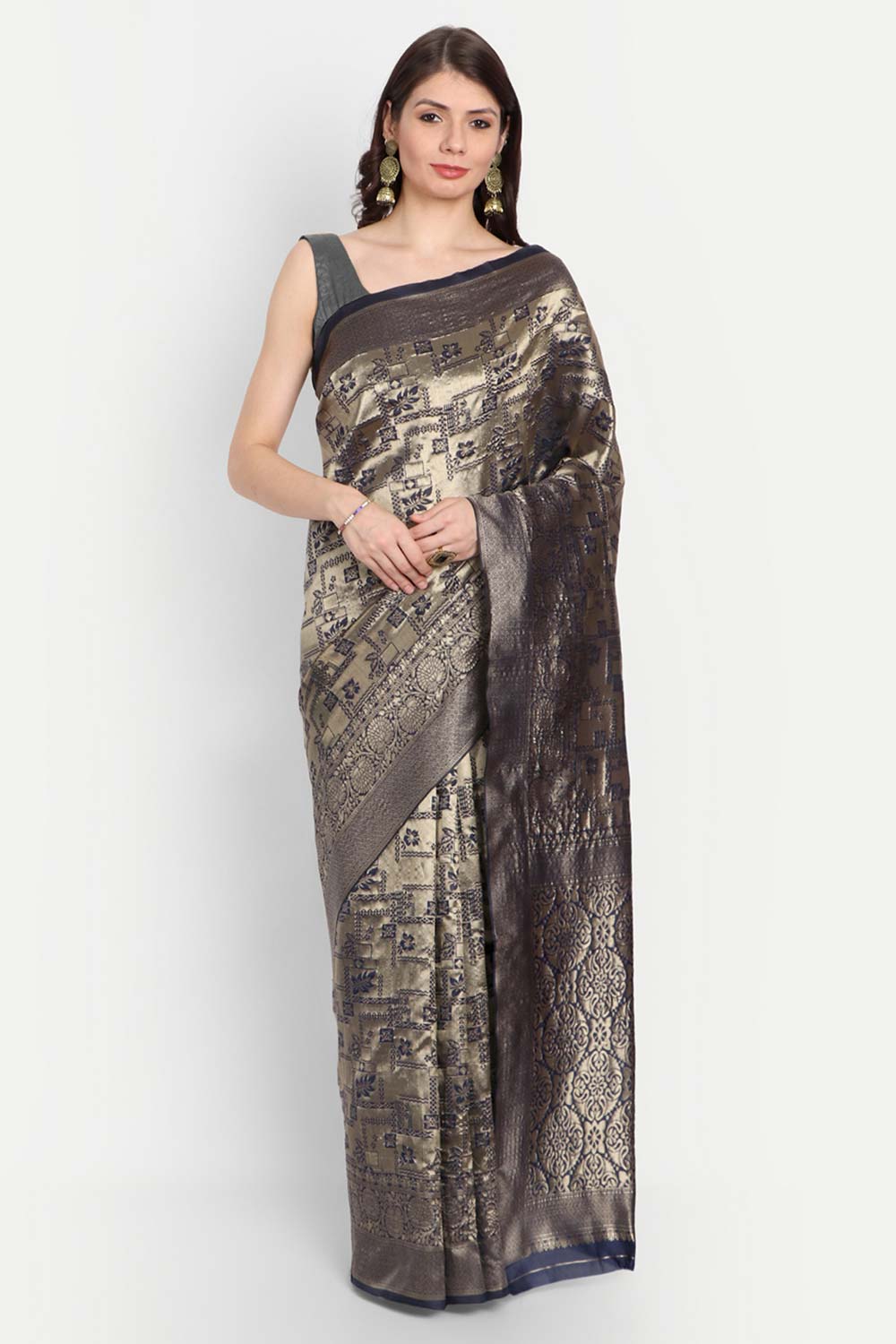 Blue Silk Blend Gold-Toned Floral Zari Saree