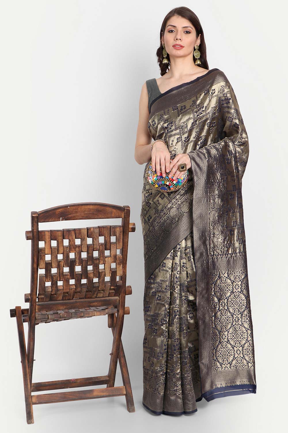 Blue Silk Blend Gold-Toned Floral Zari Saree