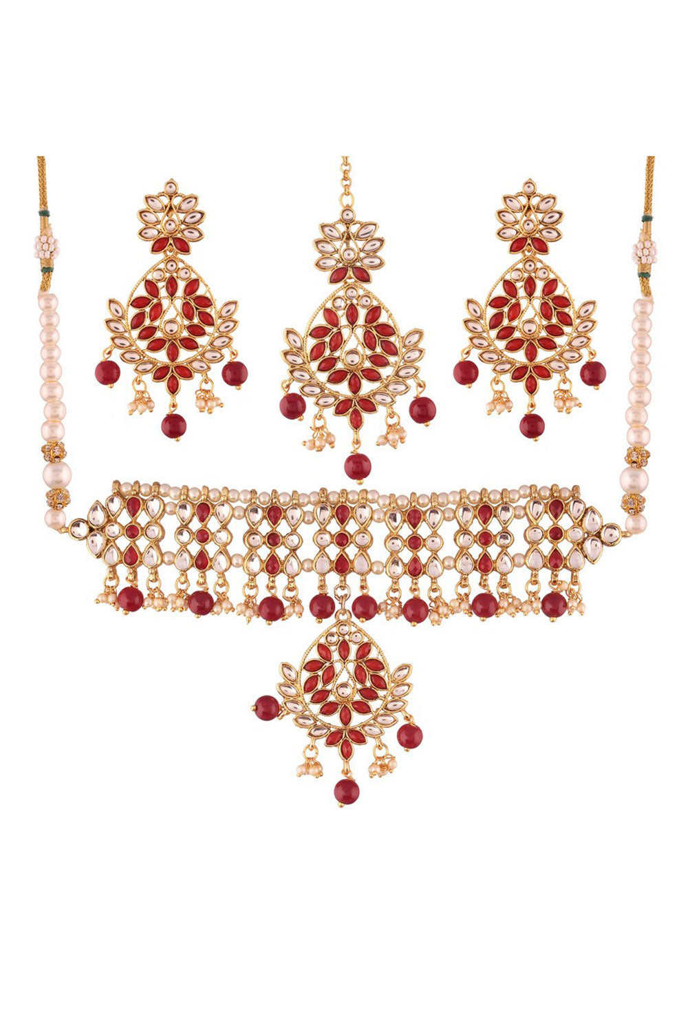 Alloy Necklace Set With Maang Tikka In Red