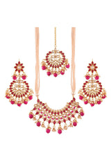 Alloy Necklace Set With Maang Tikka In Pink