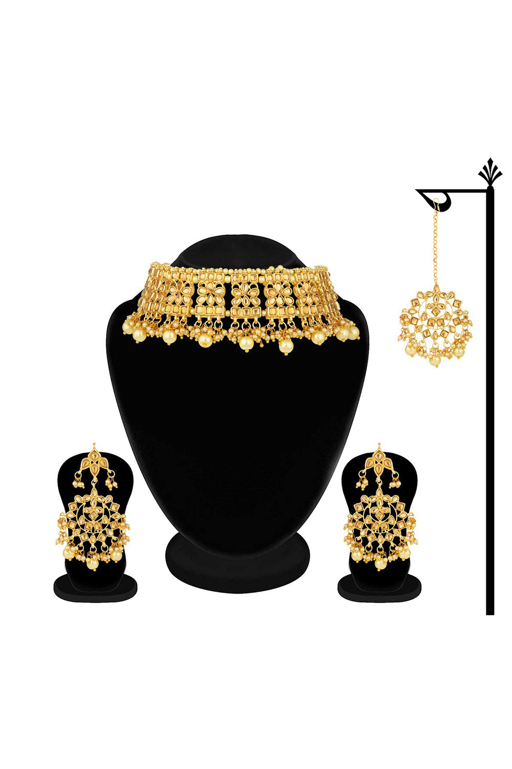 Alloy Necklace with Earrings and Maang Tikka in gold