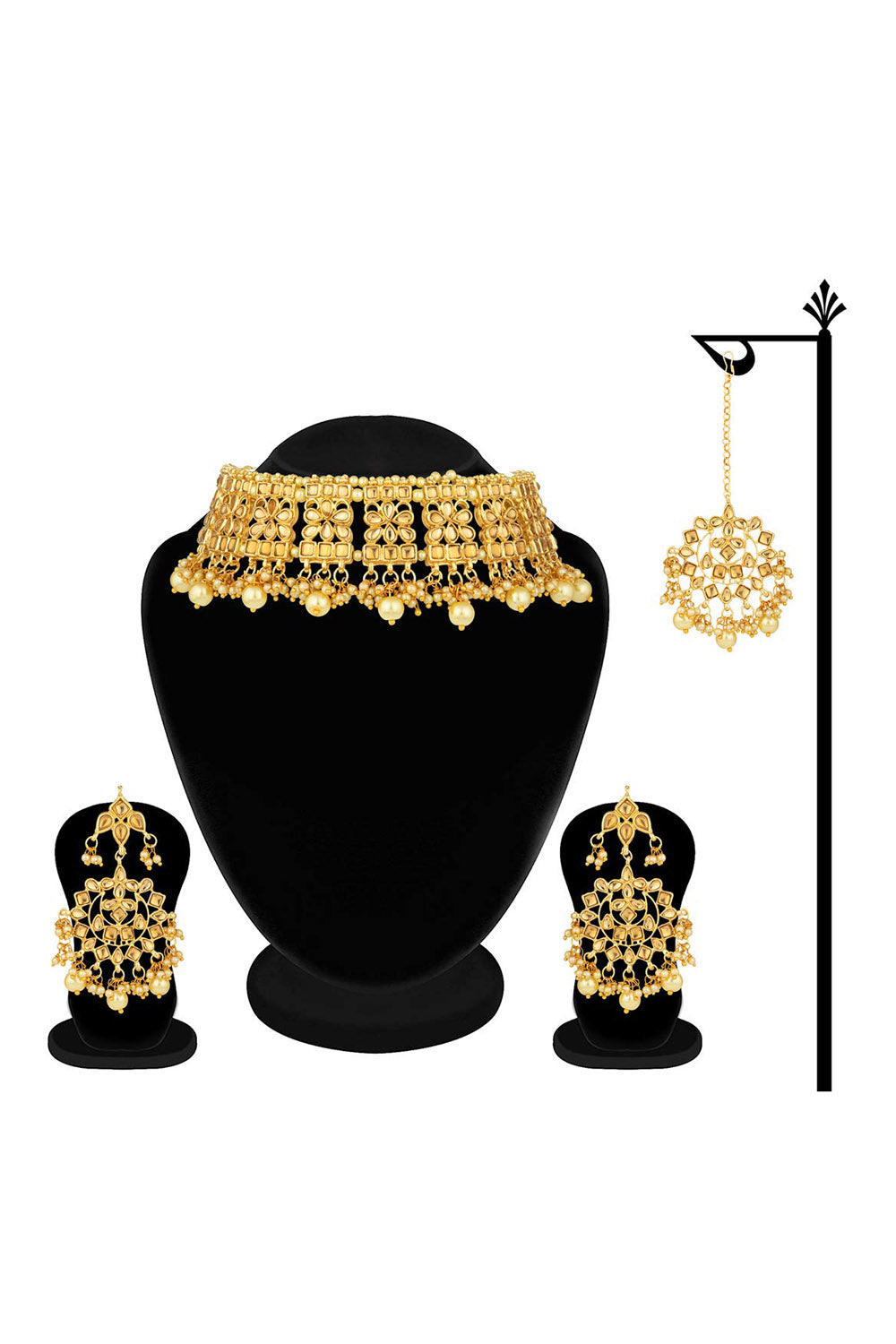 Alloy Necklace with Earrings and Maang Tikka in gold