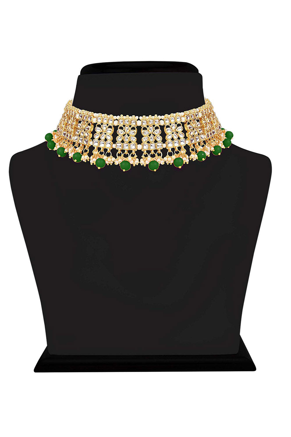 Alloy Necklace With Earrings And Maang Tikka In Green