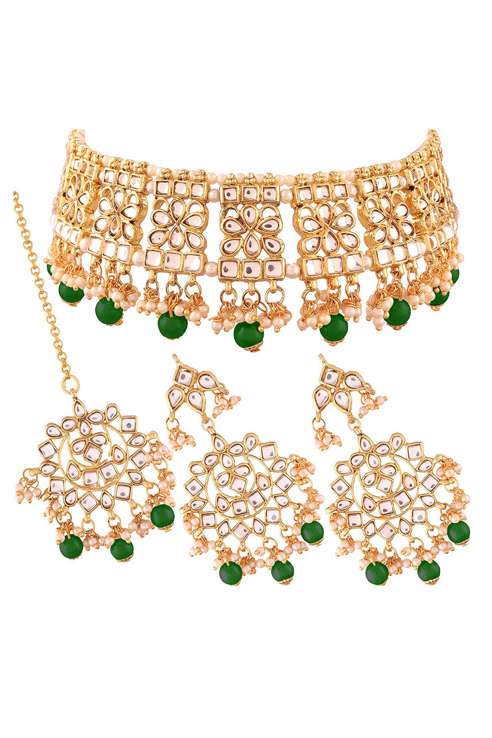 Alloy Necklace With Earrings And Maang Tikka In Green