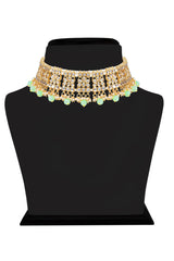 Alloy Necklace With Earrings And Maang Tikka In Green