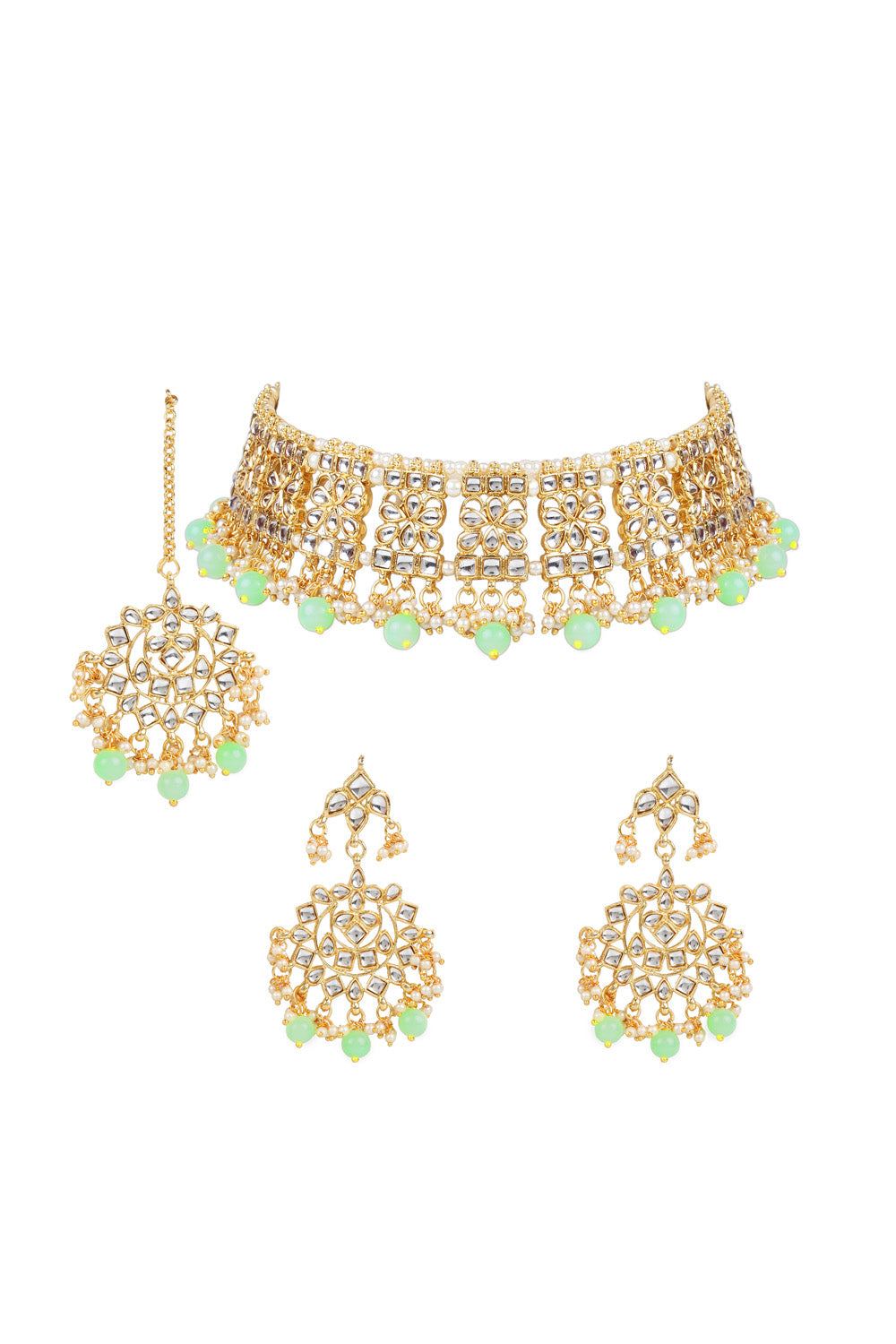 Alloy Necklace With Earrings And Maang Tikka In Green