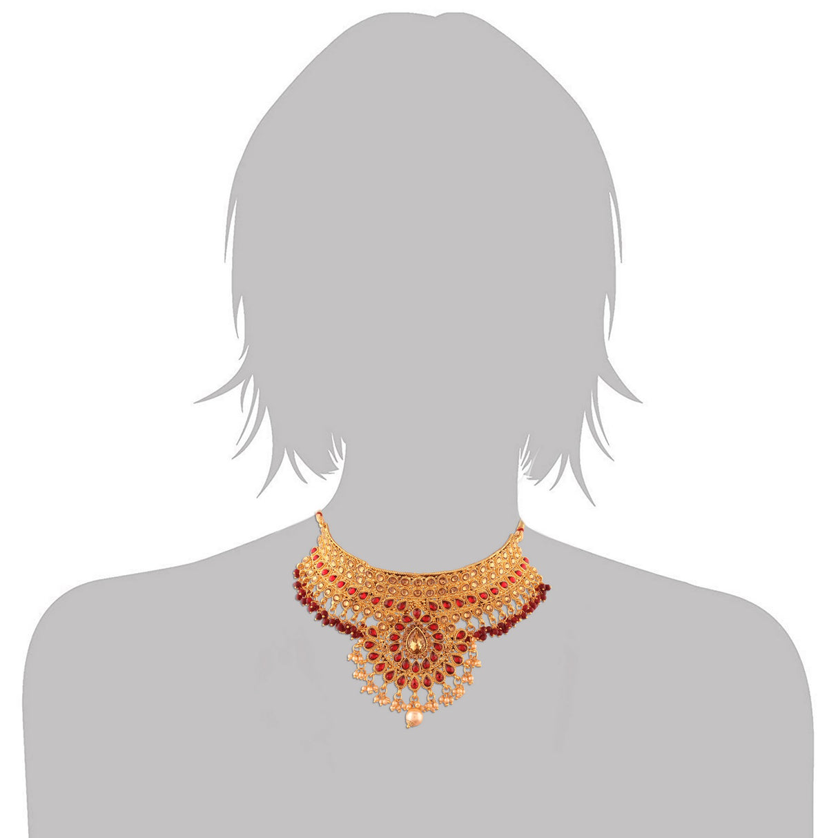 Alloy Choker Necklace Set with Maang Tikka in Red